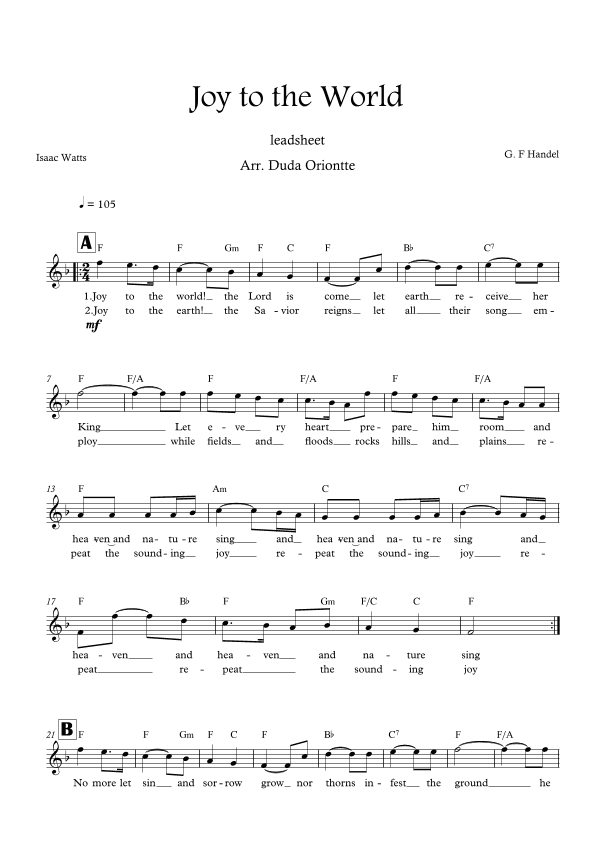 Joy to the World (F major - leadsheet - with lyrics) (arr. Duda Oriontte)