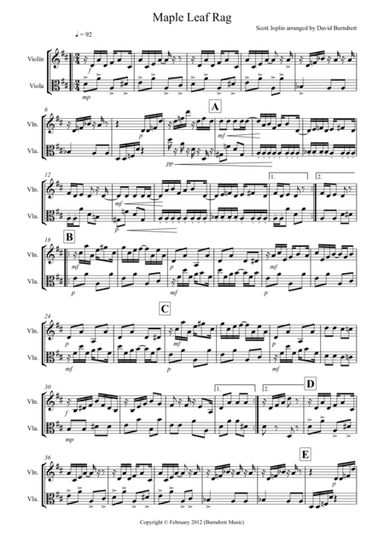 Maple Leaf Rag for Violin and Viola (arr. David Burndrett)