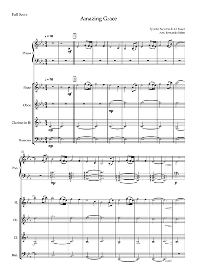 Amazing Grace (John Newton, E. O. Excell) for Woodwind Quartet and Piano Accompaniment with Chords (arr. Fernando Britto)