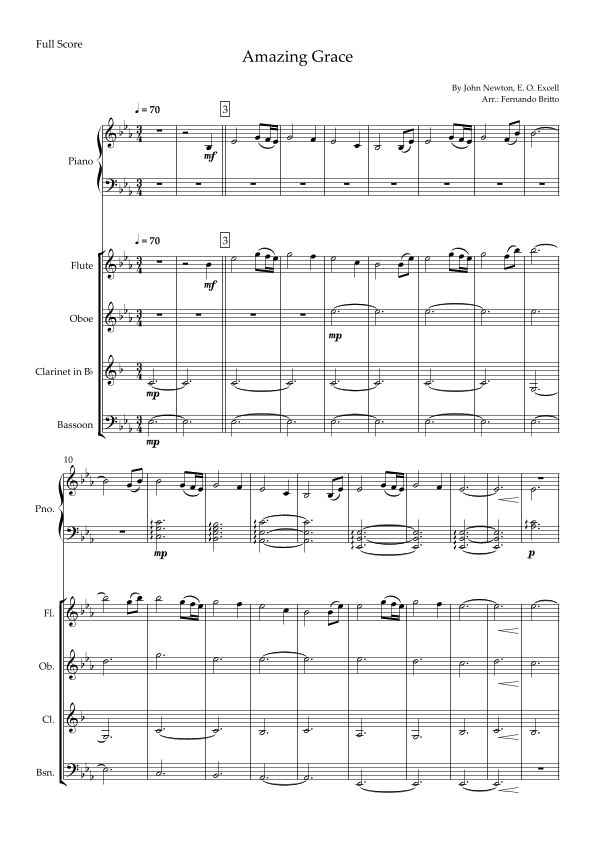 Amazing Grace (John Newton, E. O. Excell) for Woodwind Quartet and Piano Accompaniment with Chords (arr. Fernando Britto)