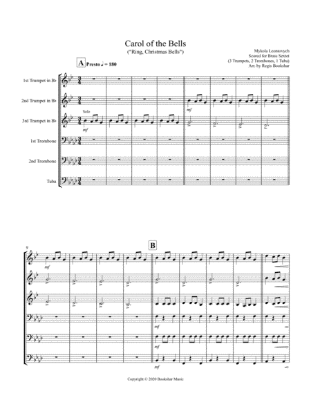 Carol of the Bells (F min) (Brass Sextet - 3 Trp, 2 Trb, 1 Tuba) (arr. Regis Bookshar)