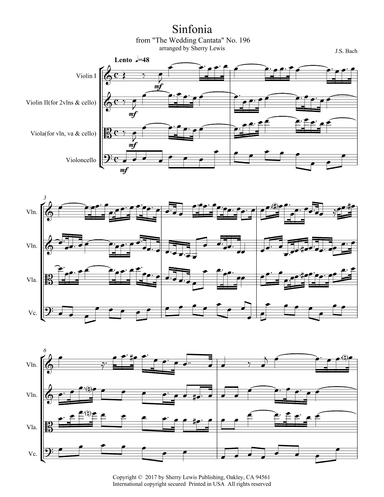 SINFONIA from "THE WEDDING CANTATA", Bach, String Trio, Intermediate Level for 2 violins and cello o (arr. Sherry Lewis Publishing)