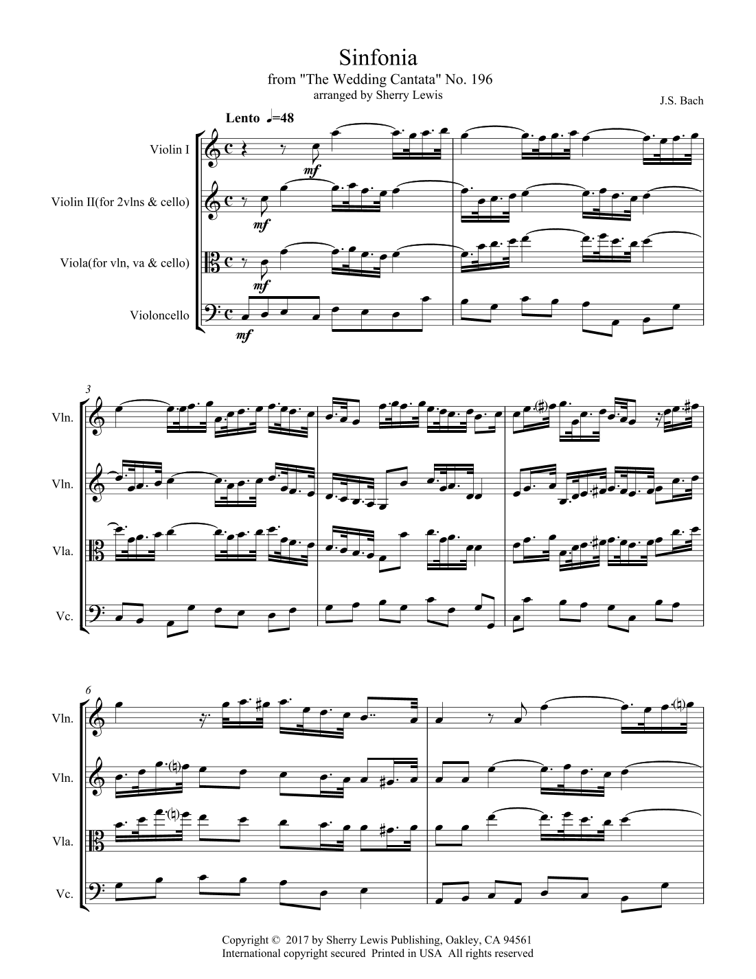 SINFONIA from "THE WEDDING CANTATA", Bach, String Trio, Intermediate Level for 2 violins and cello o (arr. Sherry Lewis Publishing)