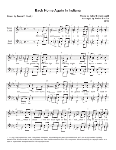 BACK HOME AGAIN IN INDIANA (arr. Walter Latzko)
