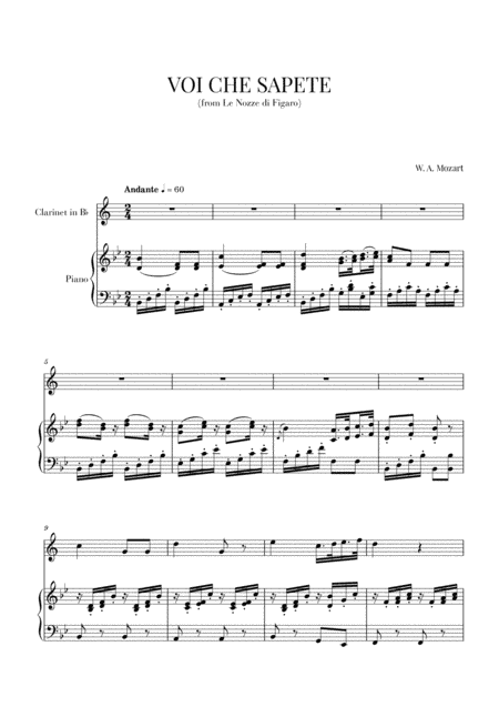 Mozart - Voi Che Sapete (for Clarinet and Piano) (arr. Cadenza Editions)