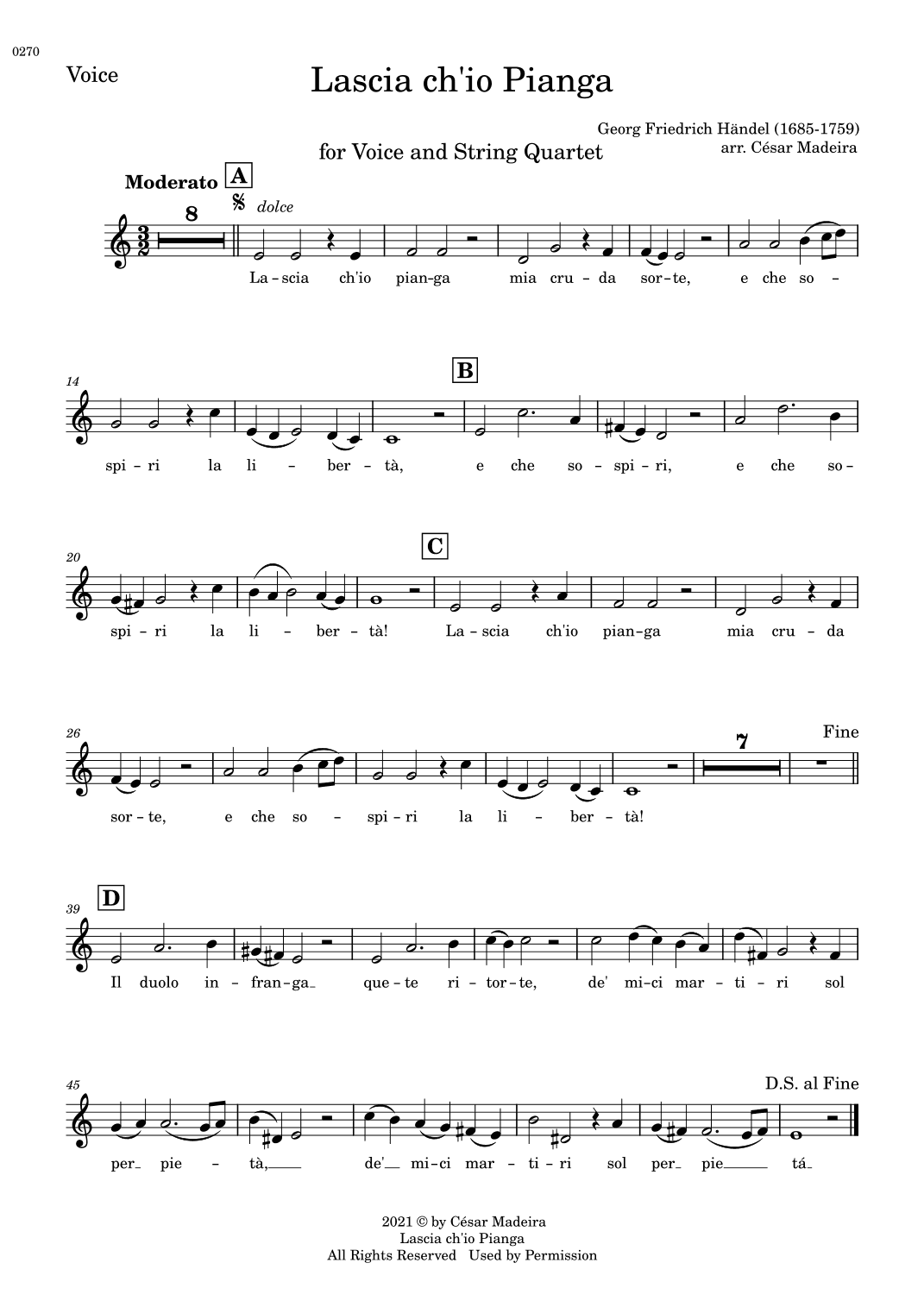 Lascia Ch'io Pianga - Voice and String Quartet - C Major (Individual Parts) (arr. César Madeira)