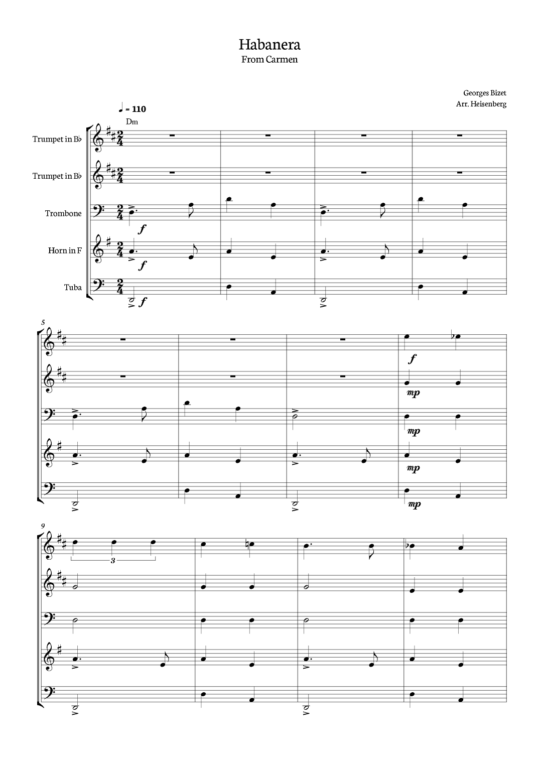 Habanera - Carmen - Georges Bizet, for Brass Quintet in a easy version with chords (arr. Heisenberg)