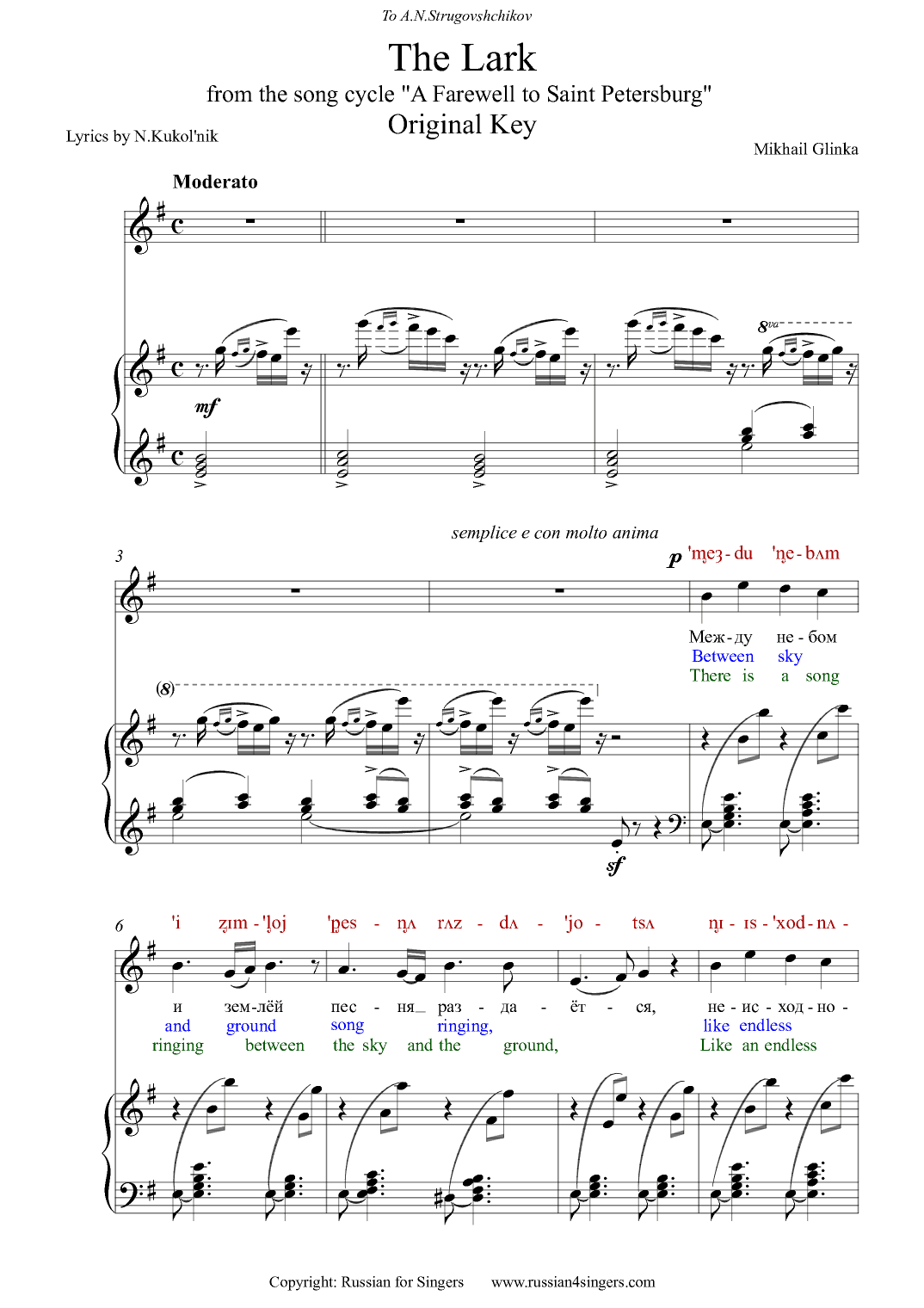 "The Lark" Original key. DICTION SCORE with IPA and translation (arr. Russian for Singers)