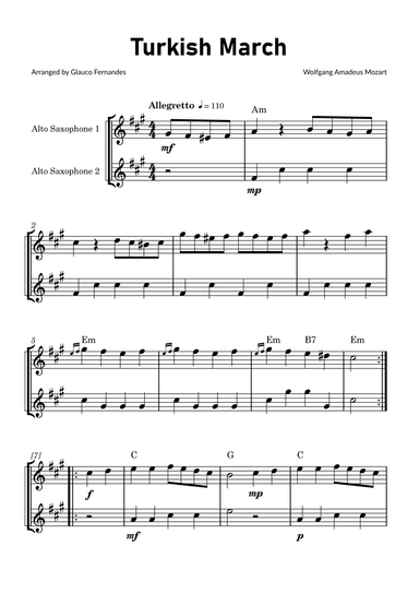 Turkish March by Mozart - Alto Saxophone Duet with Chord Notations (arr. Glauco Fernandes)