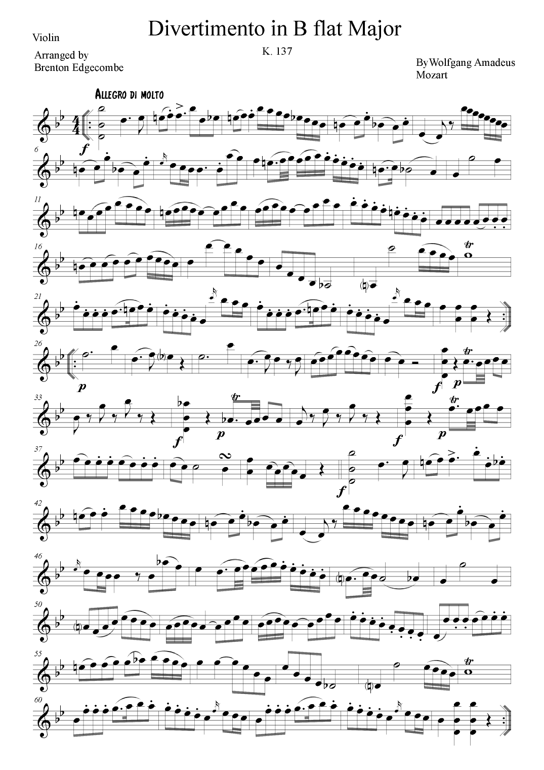 Mozart Divertimento in B flat Major.  K. 137, Allegro di Molto and Allegro Assai (arr. Adelaide String Duo)
