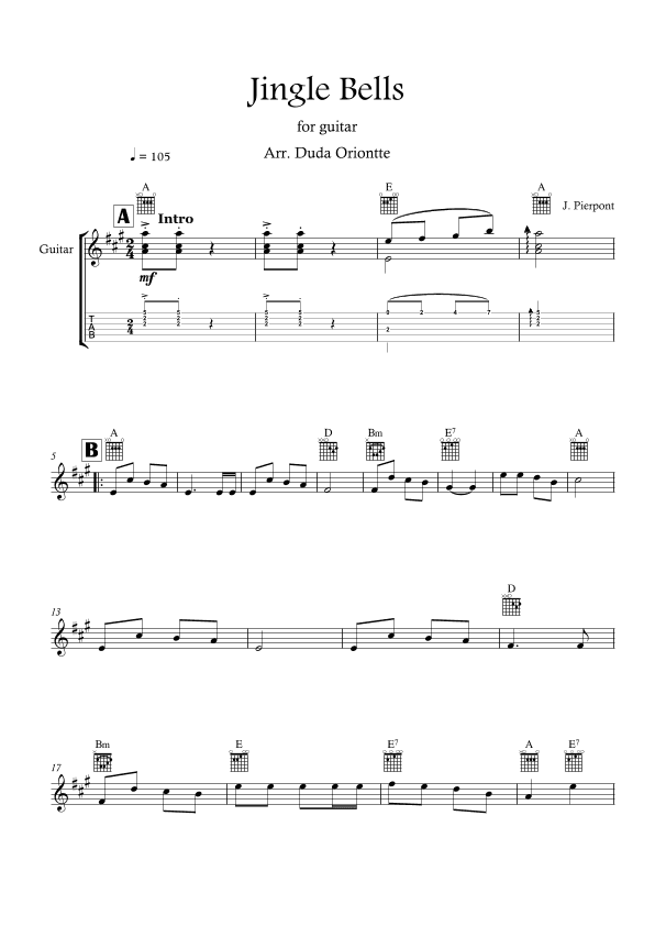 Jingle Bells (A major - TABS - no lyrics) (arr. Duda Oriontte)