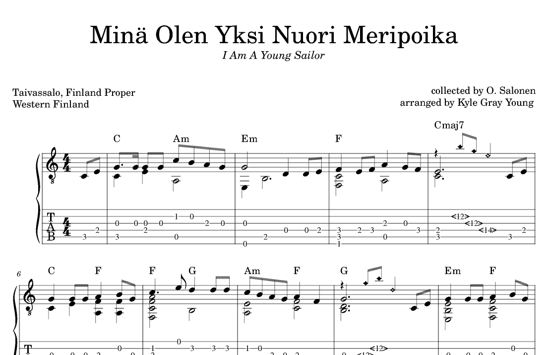 Minä Olen Yksi Nuori Meripoika (I Am A Young Sailor) (guitar tab) (arr. Kyle Gray Young)