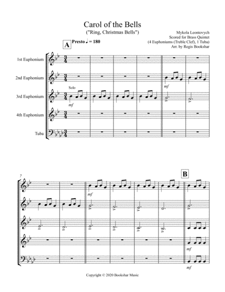 Carol of the Bells (F min) (Brass Quintet - 4 Euphoniums (Treble Clef), 1 Tuba) (arr. Regis Bookshar)