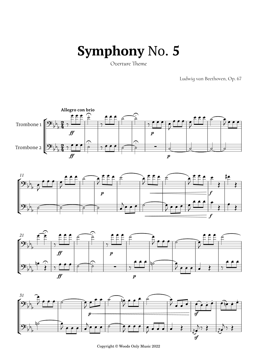 Symphony No. 5 by Beethoven for Trombone Duet (arr. Ander)