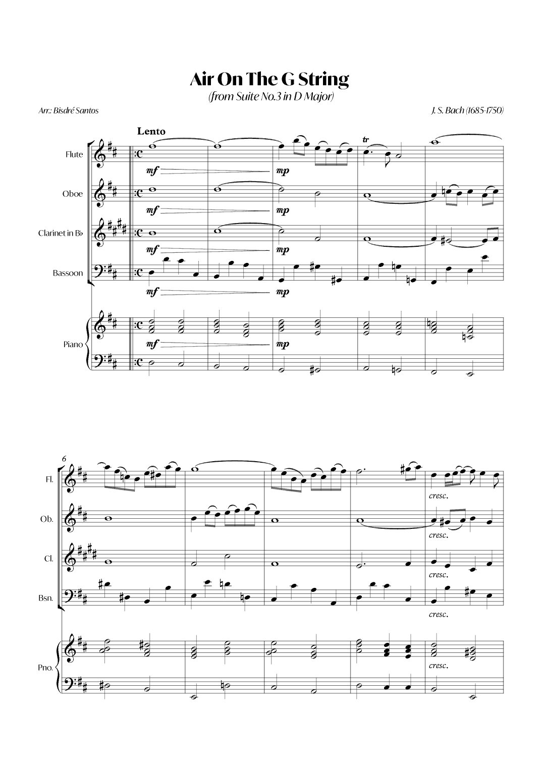 Air On The G String (from Suite No.3 in D Major) (Bach) - Woodwind quartet with Piano (arr. André Alberto Santos)