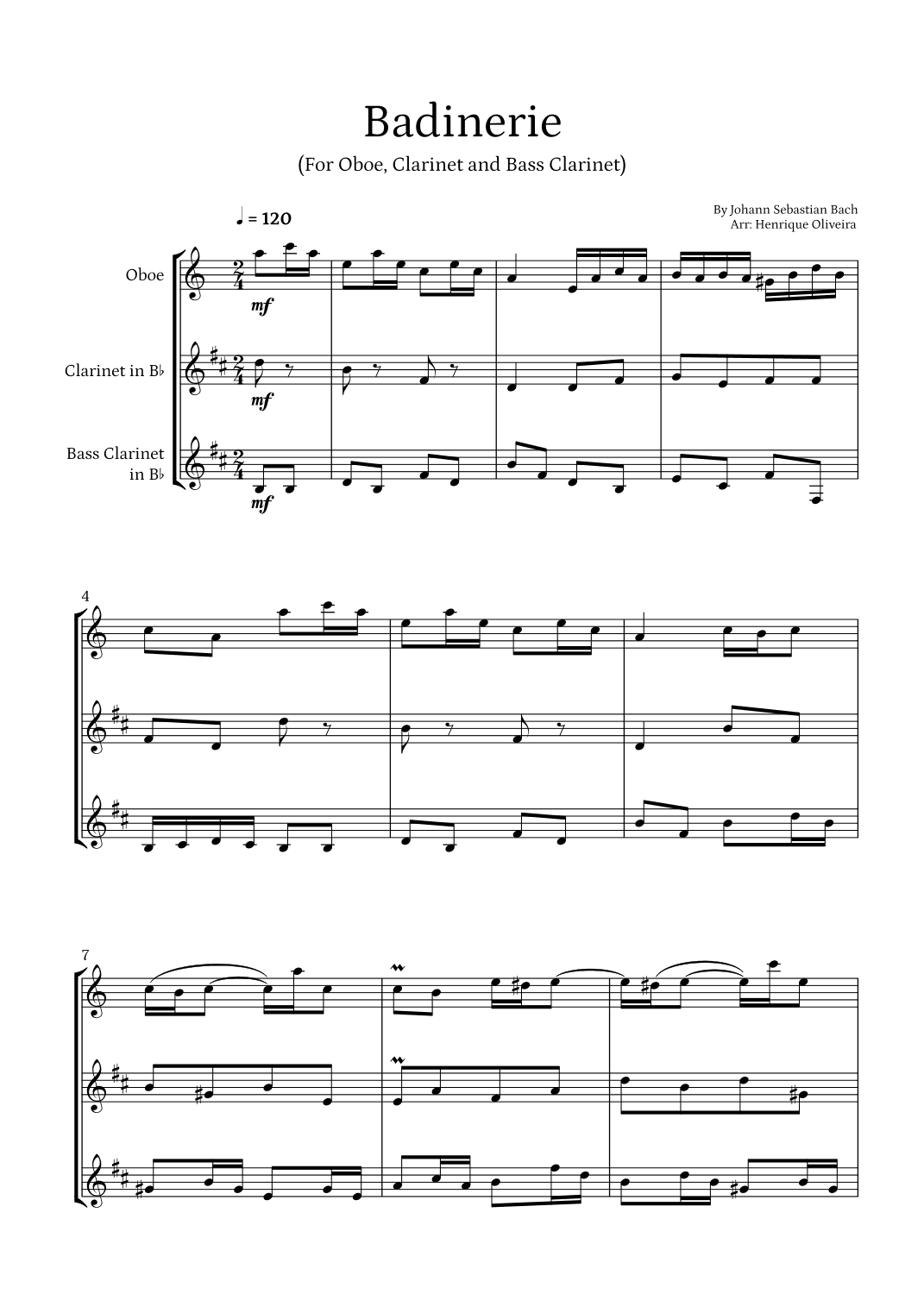 Badinerie by J. S. Bach (For Oboe, Clarinet and Bass Clarinet) (arr. Henrique Oliveira)