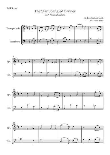 The Star Spangled Banner (USA National Anthem) for Trumpet in Bb & Trombone Duo (arr. Fabio Britto)