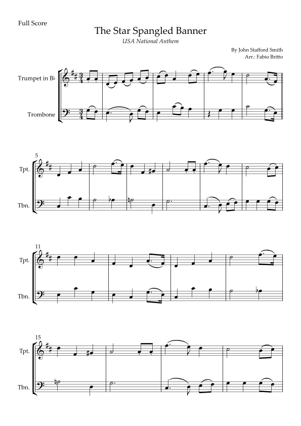 The Star Spangled Banner (USA National Anthem) for Trumpet in Bb & Trombone Duo (arr. Fabio Britto)