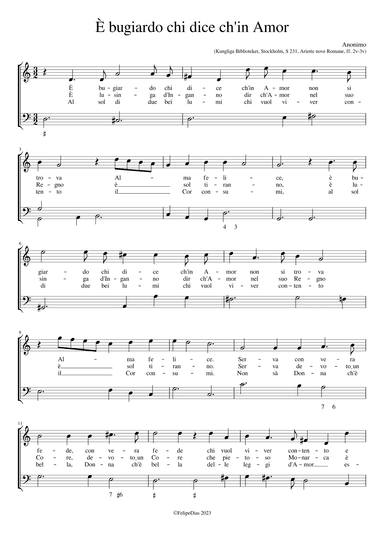 È bugiardo chi dice ch'in Amor (arr. Early Music Scores)