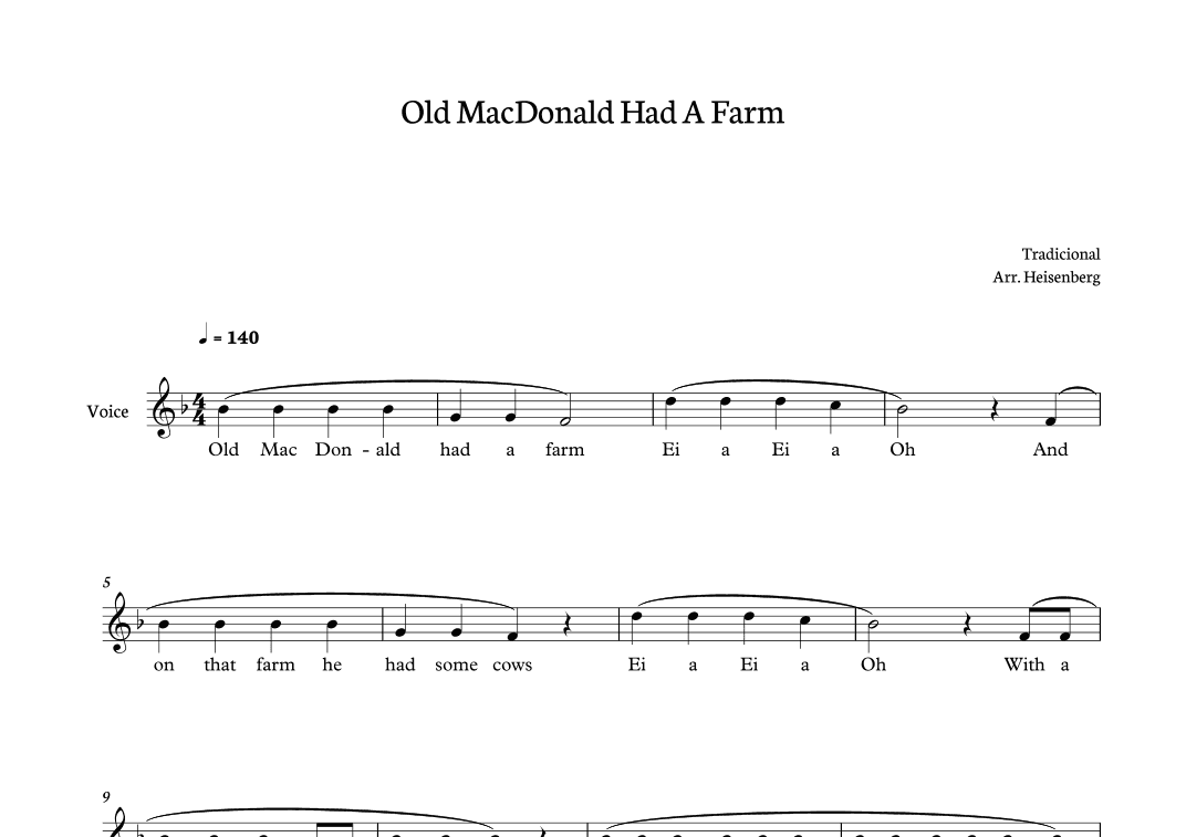 Old MacDonald Had a Farm for voice in F major (arr. Heisenberg)