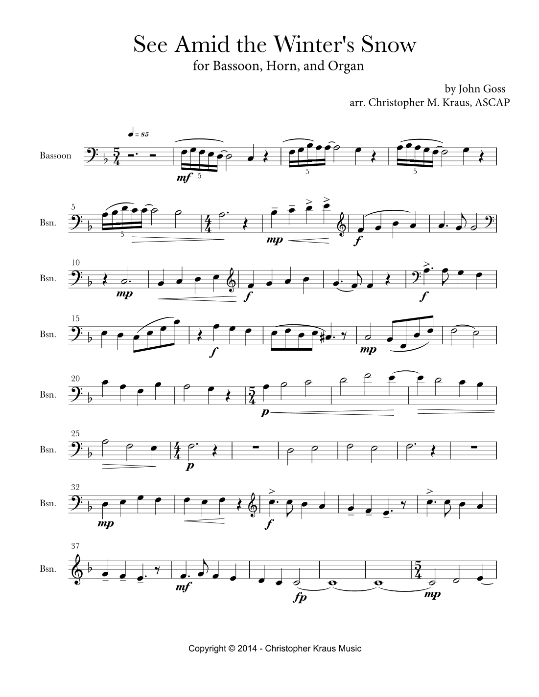 See, Amid The Winter's Snow (for Bassoon, Horn, & Organ) (arr. Christopher M. Kraus)