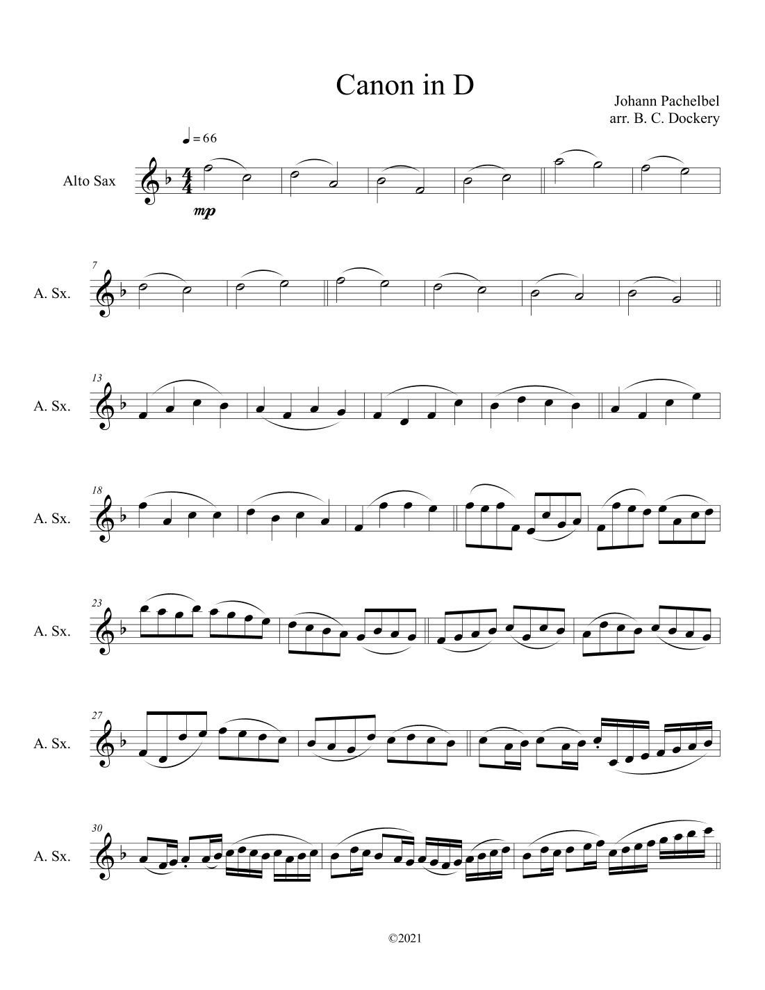 Canon in D (Alto Sax Solo) (arr. B. C. Dockery)