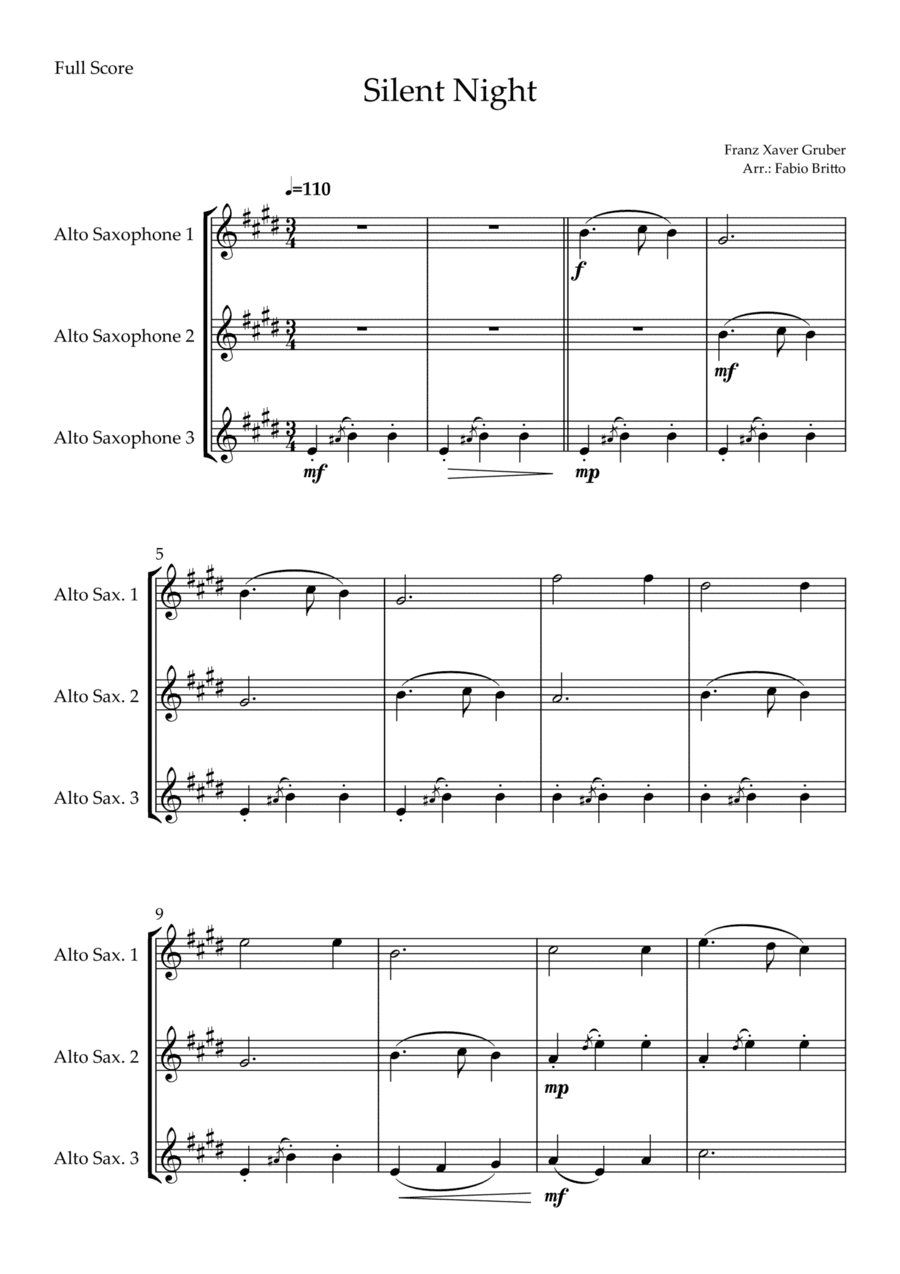 Silent Night (Christmas Song) for Alto Saxophone Trio (arr. Fabio Britto)