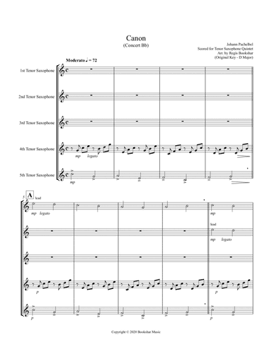 Canon (Pachelbel) (Bb) (Tenor Saxophone Quintet) (arr. Regis Bookshar)