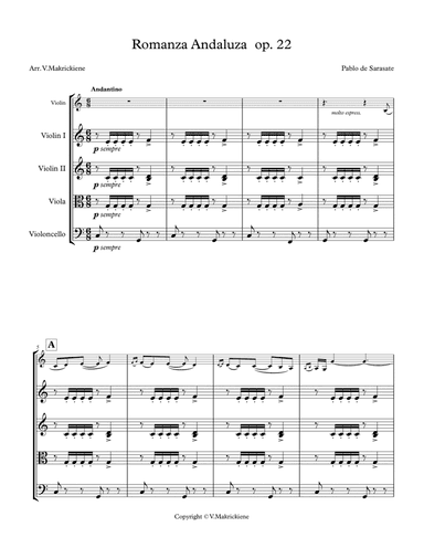Pablo Sarasate Romanza Andaluza (for String Quartet & Solo Violin) (arr. Vitalija Makrickiene)