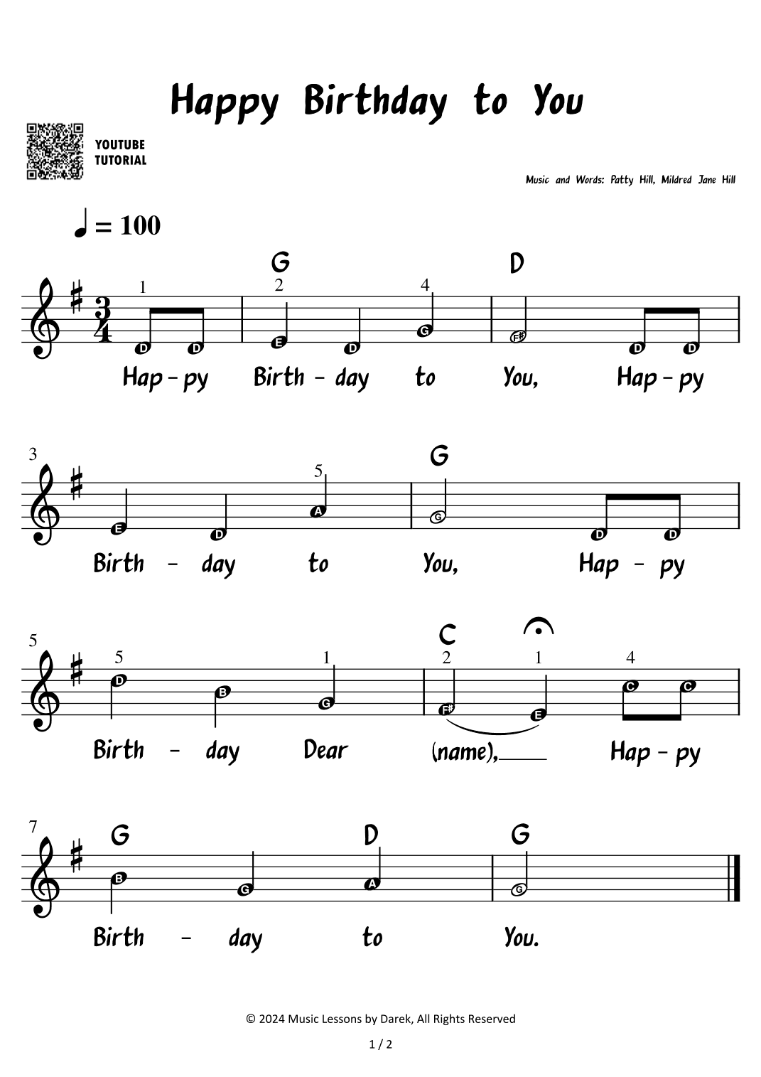 Happy Birthday to You (VERY EASY PIANO) [Patty Hill, Mildred Jane Hill] (arr. Darek)