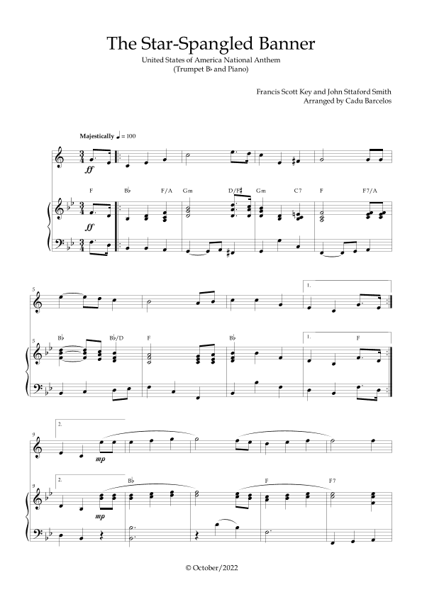 The Star-Spangled Banner - EUA Hymn (Trumpet Bb and Piano) Chords (arr. Cadu Barcelos)