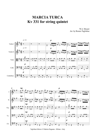 MARCIA TURCA - Kv 331 for string quintet - With parts (arr. Renato Tagliabue)