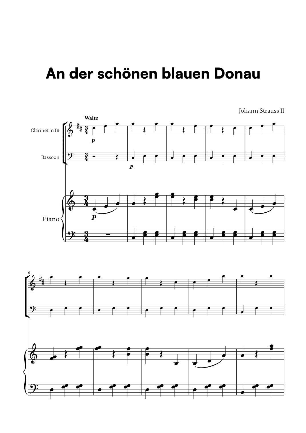 Johann Strauss II - An der scho¨nen blauen Donau for Clarinet, Bassoon and Piano (arr. Cadenza Editions)