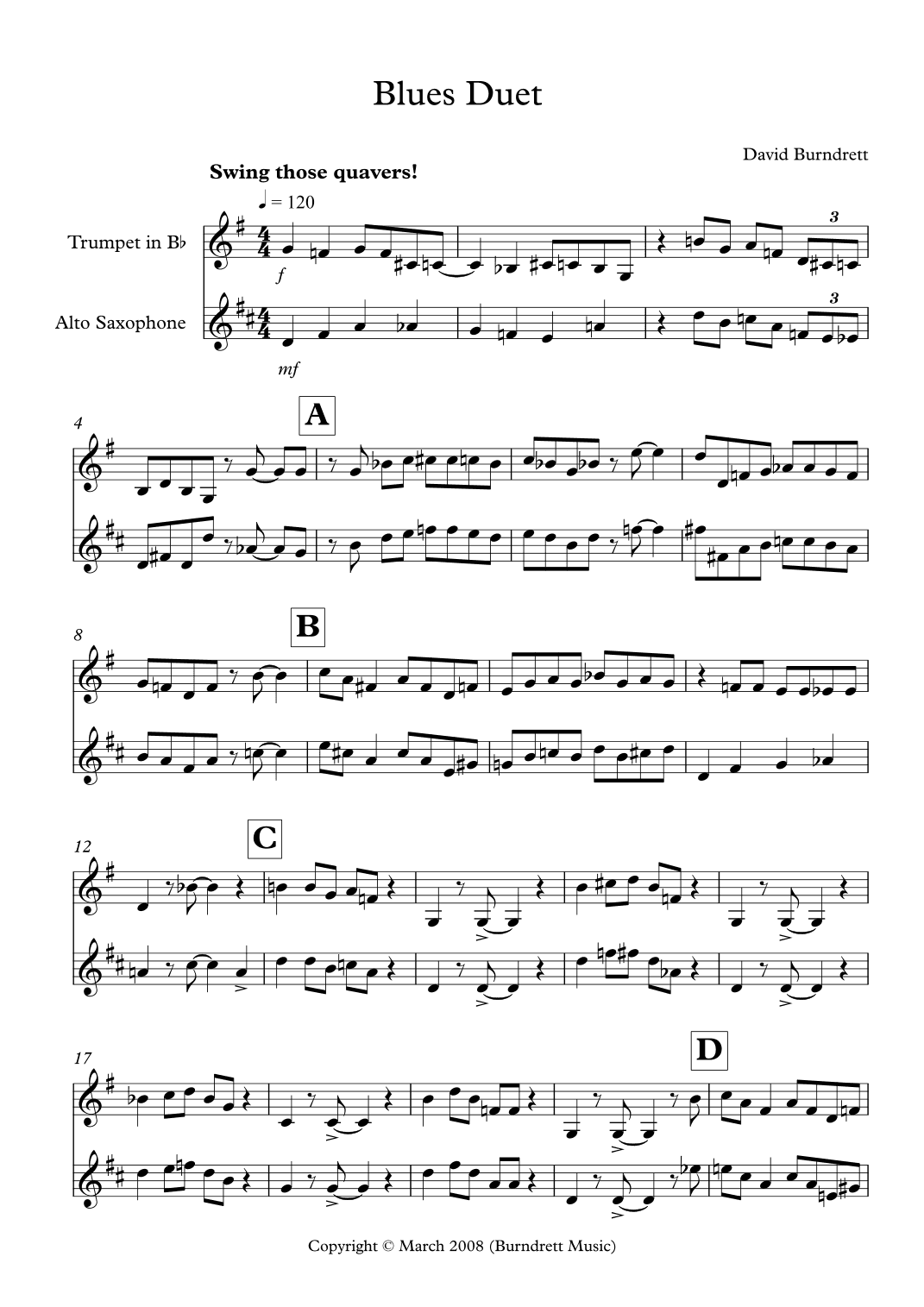 Blues Duet for Trumpet and Alto Saxophone Duet (arr. David Burndrett)