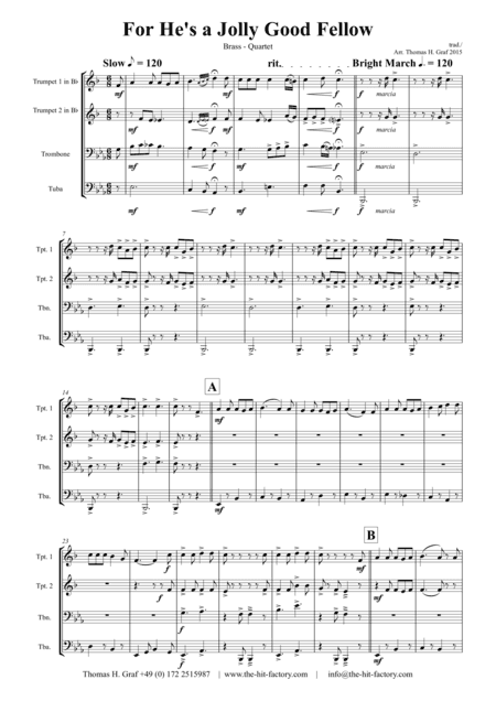 For He's a Jolly Good Fellow - Folk Song and Toast  - Brass Quartet (arr. Thomas H. Graf)