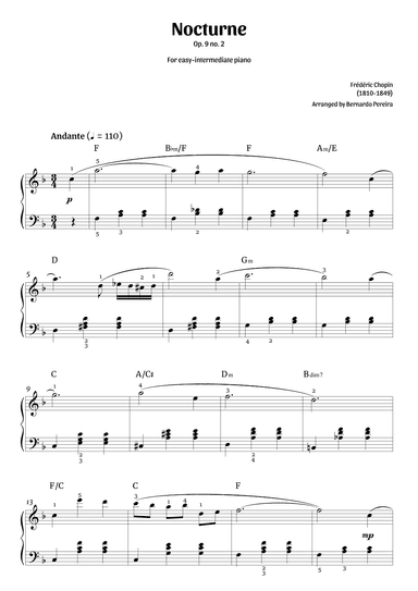 Nocturne Op. 9 no. 2 (easy-intermediate piano – F major) (arr. Bernardo Pereira)