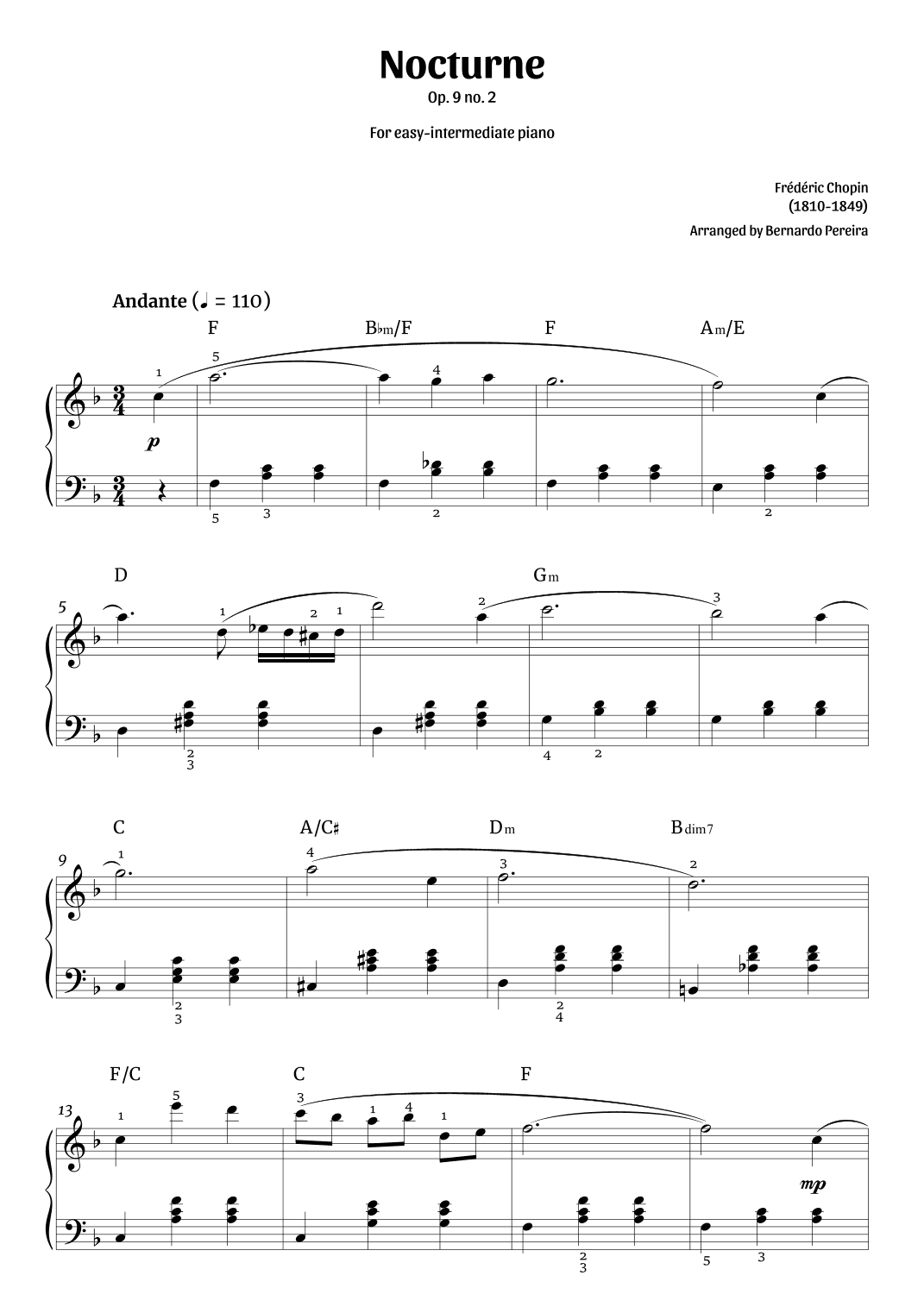 Nocturne Op. 9 no. 2 (easy-intermediate piano – F major) (arr. Bernardo Pereira)