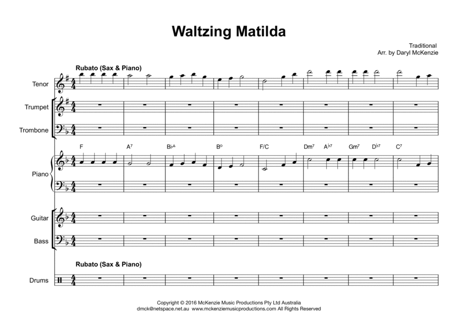 Waltzing Matilda  Small Band (3 Horns) Instrumental Key of F (arr. Daryl McKenzie)