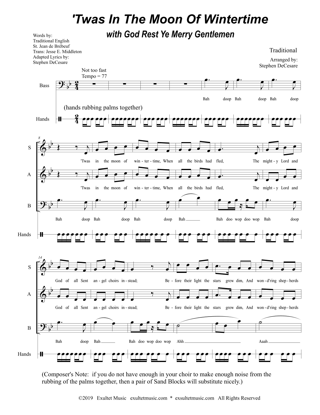 'Twas In The Moon Of Wintertime (with "God Rest Ye Merry Gentlemen") (SAB) (arr. Stephen DeCesare)