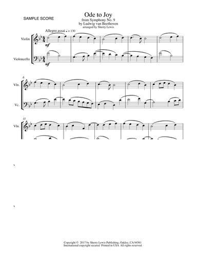 ODE TO JOY, String Duo, Intermediate Level for violin and cello (arr. Sherry Lewis)