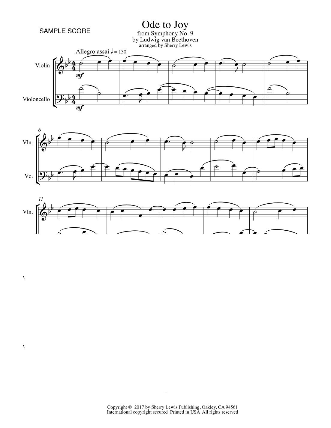 ODE TO JOY, String Duo, Intermediate Level for violin and cello (arr. Sherry Lewis)