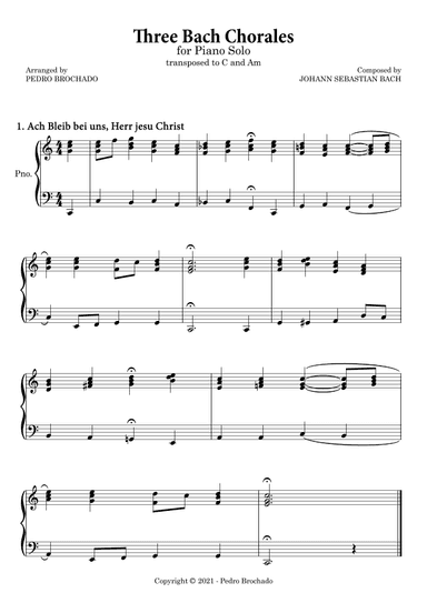 Three Bach Chorales in C and Am - Piano Solo (simplified bass and voicings) (arr. Pedro Brochado)