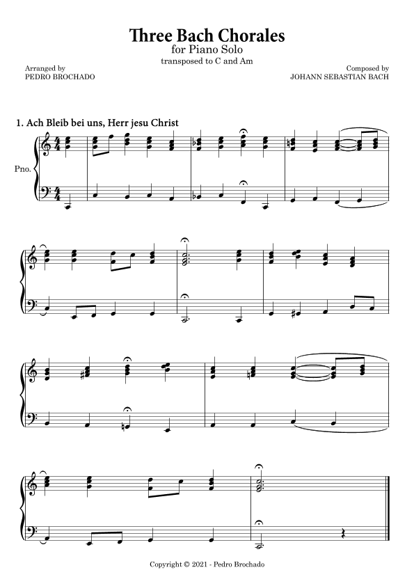 Three Bach Chorales in C and Am - Piano Solo (simplified bass and voicings) (arr. Pedro Brochado)