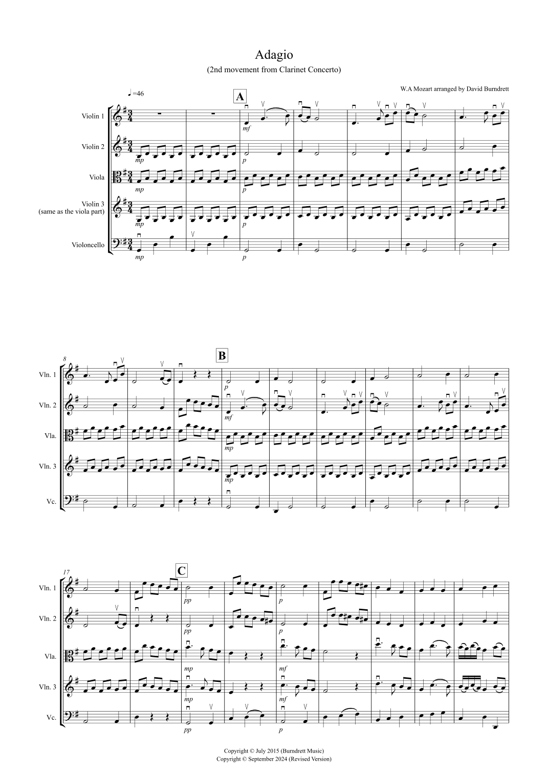 Adagio from Mozart's Clarinet Concerto for String Quartet (arr. David Burndrett)