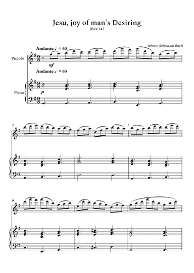 Jesu, Joy of Man's Desiring for Piccolo and Piano (Not Chords) - Score and Parts (arr. Cássio Silva Chaves)
