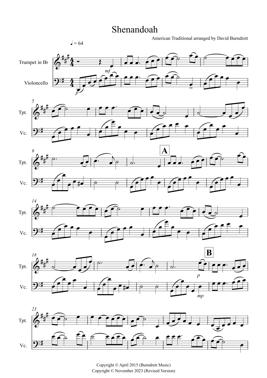 Shenandoah for Trumpet and Cello Duet (arr. David Burndrett)