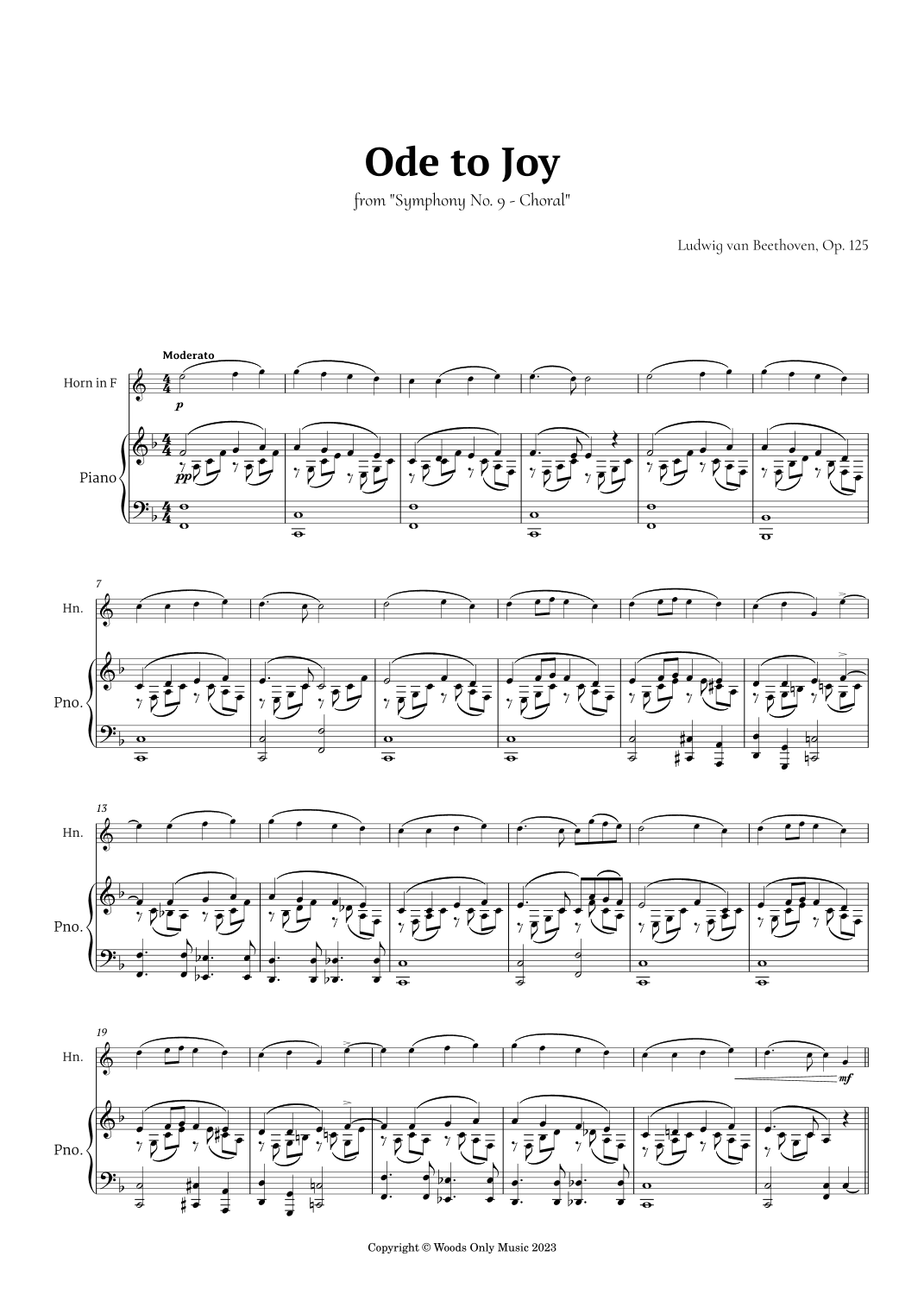 Ode to Joy by Beethoven for French Horn and Piano (arr. Ander)