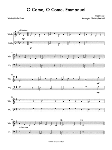 O Come, O Come, Emmanuel - Easy Violin/Cello Duet (arr. Christopher Bell)