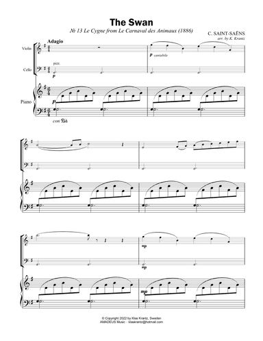 The Swan / Le cygne for very easy piano trio (vln/fl, vc, pno) (Edition II) (arr. K. Krantz)