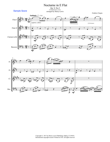 NOCTURNE by Chopin, Op.9 No.2, Woodwind Quartet, Intermediate Level for 2 flutes, clarinet and basso (arr. Sherry Lewis Publishing)